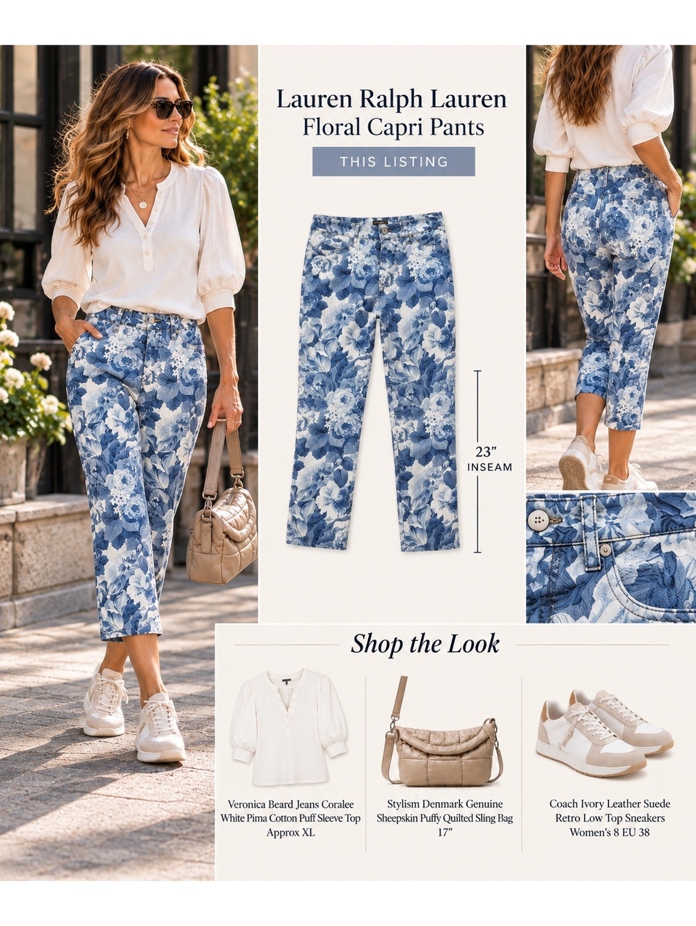 Lauren Ralph Lauren Floral Pants Blue White Coastal Preppy Cropped 6P